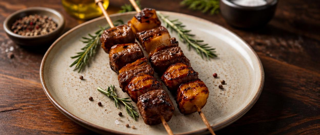 Brochetas de Carne de Res con Glaseado de Manzana y Habanero