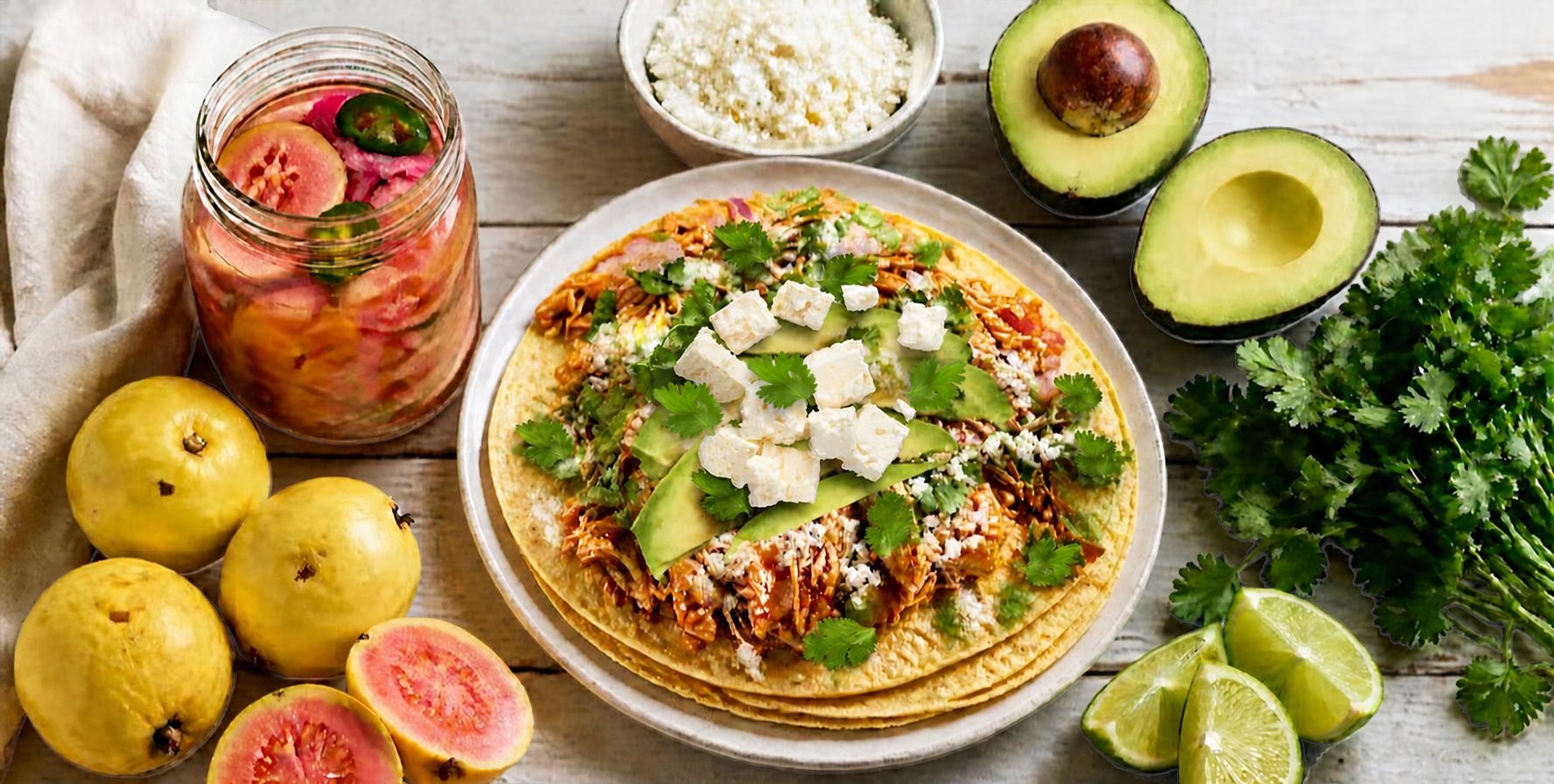 Tostadas de Pecho Deshebrado con Escabeche de Guayaba y Queso Fresco