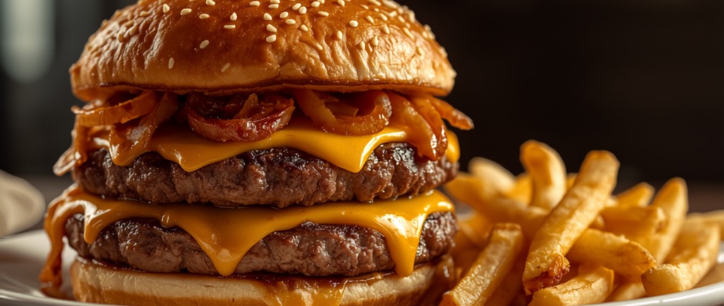 Hamburguesa de Carne Molida con Cebolla Caramelizada y Queso Ahumado
